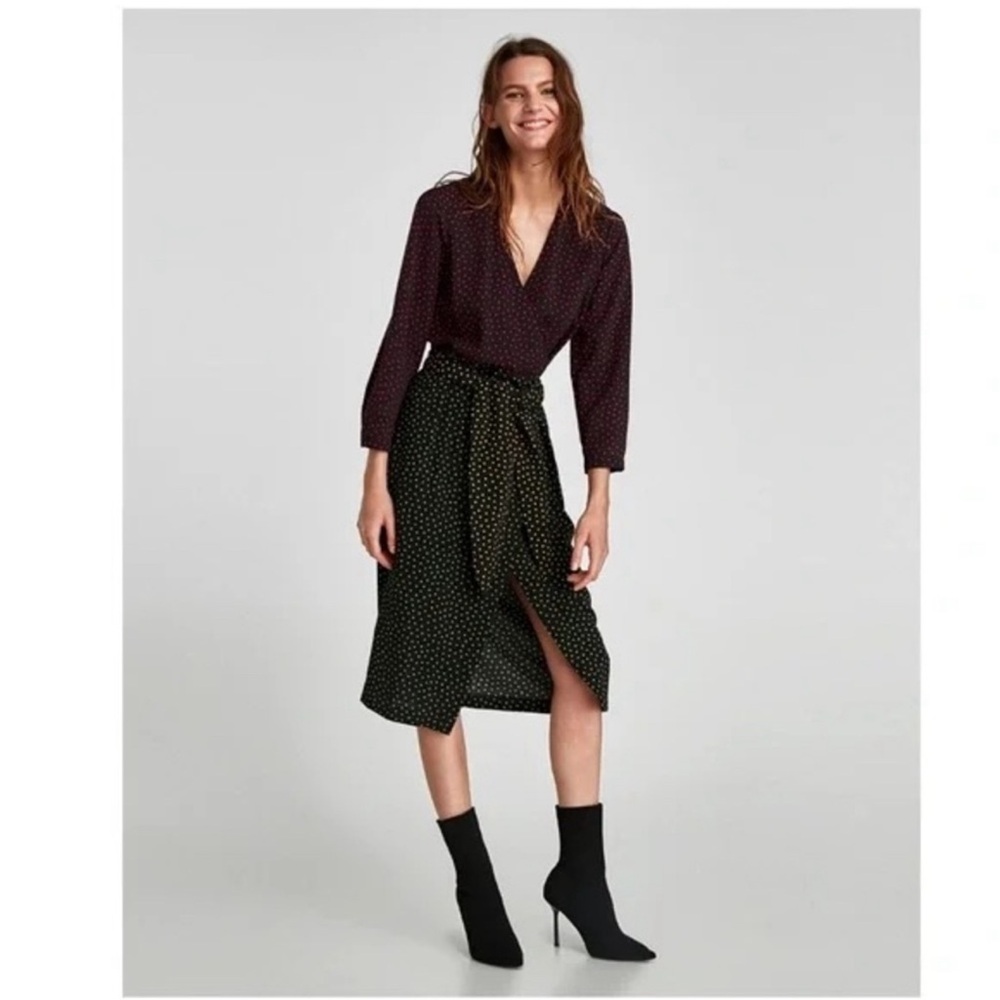 ZARA Polka Dot Belted Long Sleeve Wrap Midi Dress Size L - Picture 8 of 9